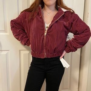 Burgundy Velvet Sherpa Lined Zip Up Cropped Hoodie